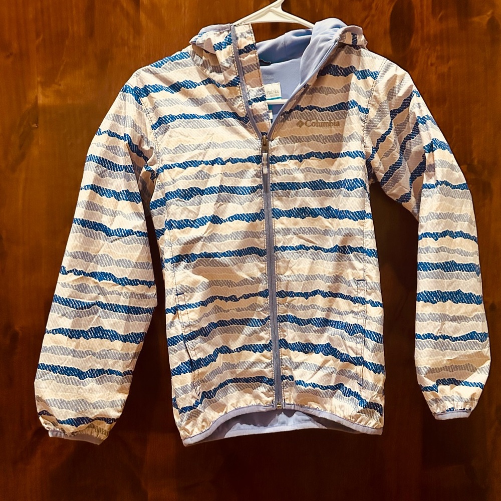 Columbia Striped Lightweight Hooded Rain Jacket - purple, blue, pink